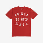 Chinga Tu MAGA T-shirt with bold, white Old English lettering, expresses anti-fascist sentiment. Ideal for rallies or as a gift for outspoken friends who oppose authoritarianism.