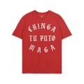 Chinga Tu MAGA T-shirt with bold, white Old English lettering, expresses anti-fascist sentiment. Ideal for rallies or as a gi