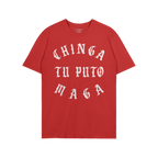 Chinga Tu MAGA T-shirt with bold, white Old English lettering, expresses anti-fascist sentiment. Ideal for rallies or as a gi