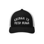 Chinga Tu MAGA Hat: A black-and-white trucker cap featuring CHINGA TU PUTO MAGA in bold Old English embroidery, embodying ant
