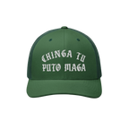 Green mesh-back trucker cap featuring bold Old English-style embroidery with CHINGA TU PUTO MAGA text, representing anti-fasc