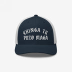Navy-blue and white mesh trucker cap with white Gothic-style text CHINGA TU PUTO MAGA, symbolizing anti-fascist, anti-Trump sentiments. Ideal for rallies, showcasing bold resistance and values.