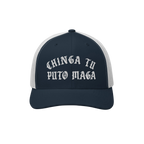 Navy-blue and white mesh trucker cap with white Gothic-style text CHINGA TU PUTO MAGA, symbolizing anti-fascist, anti-Trump s
