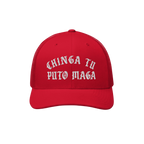Chinga Tu MAGA Hat: A bright-red, mesh-back trucker cap with bold white Old English embroidery reading “CHINGA TU PUTO MAGA