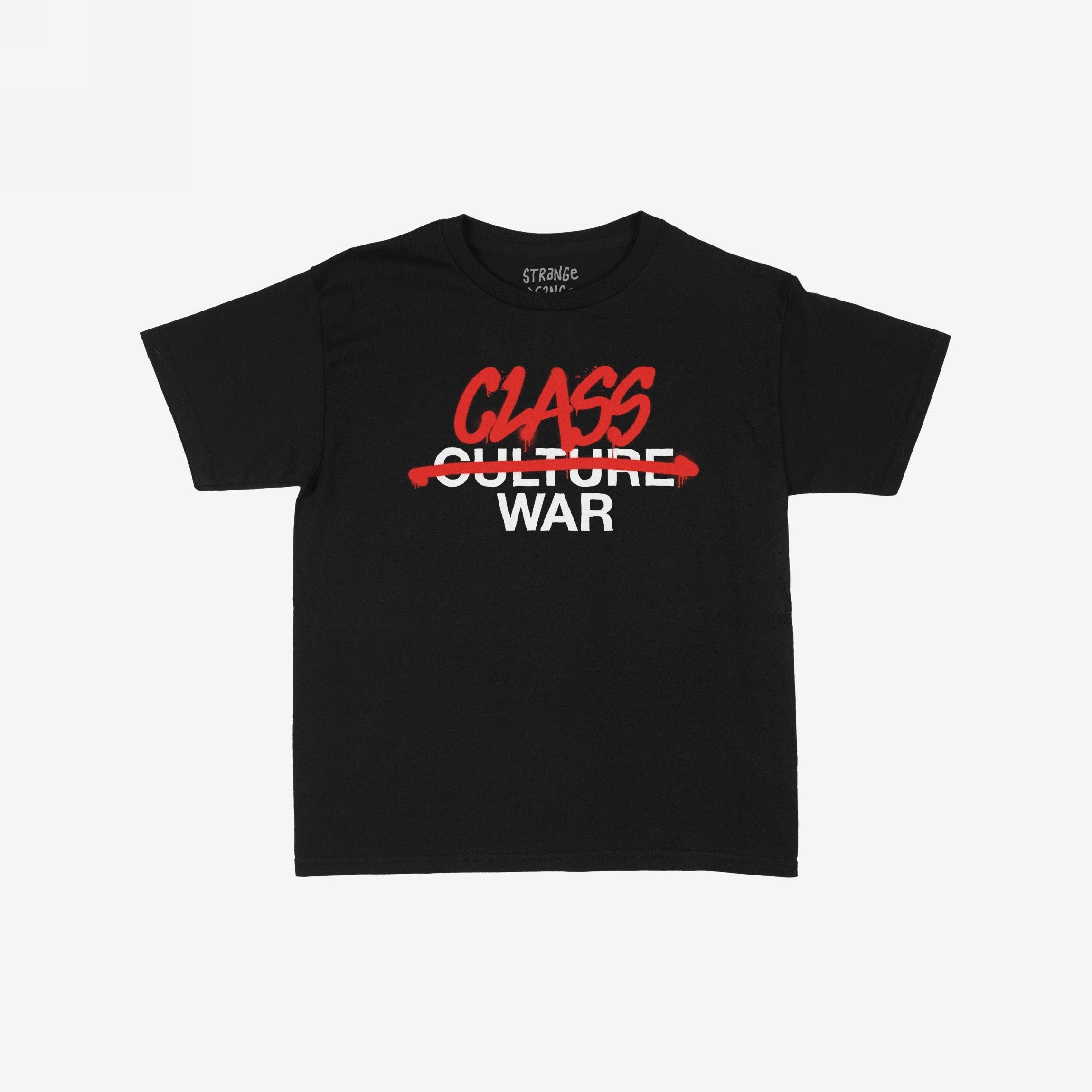 Class War Women's Baby Tee features bold white lettering crossed out and overwritten with red graffiti, transforming the message to CLASS WAR, embodying a rebellious and activist spirit.