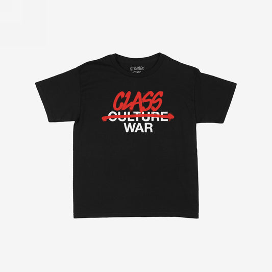 Class War Women's Baby Tee features bold white lettering crossed out and overwritten with red graffiti, transforming the message to CLASS WAR, embodying a rebellious and activist spirit.