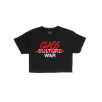 Class War Women's Baby Tee features bold white lettering crossed out and overwritten with red graffiti, transforming the mess