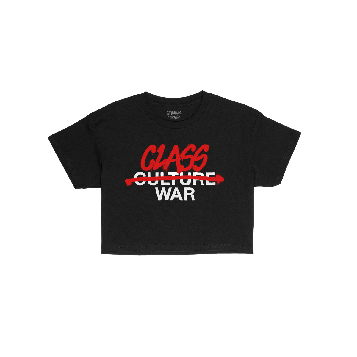 Class War Women's Baby Tee features bold white lettering crossed out and overwritten with red graffiti, transforming the mess