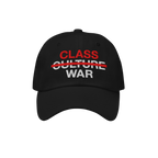Class War Hat featuring bold embroidery: CLASS in red, CULTURE crossed out, and WAR in white, symbolizing a focus on economic