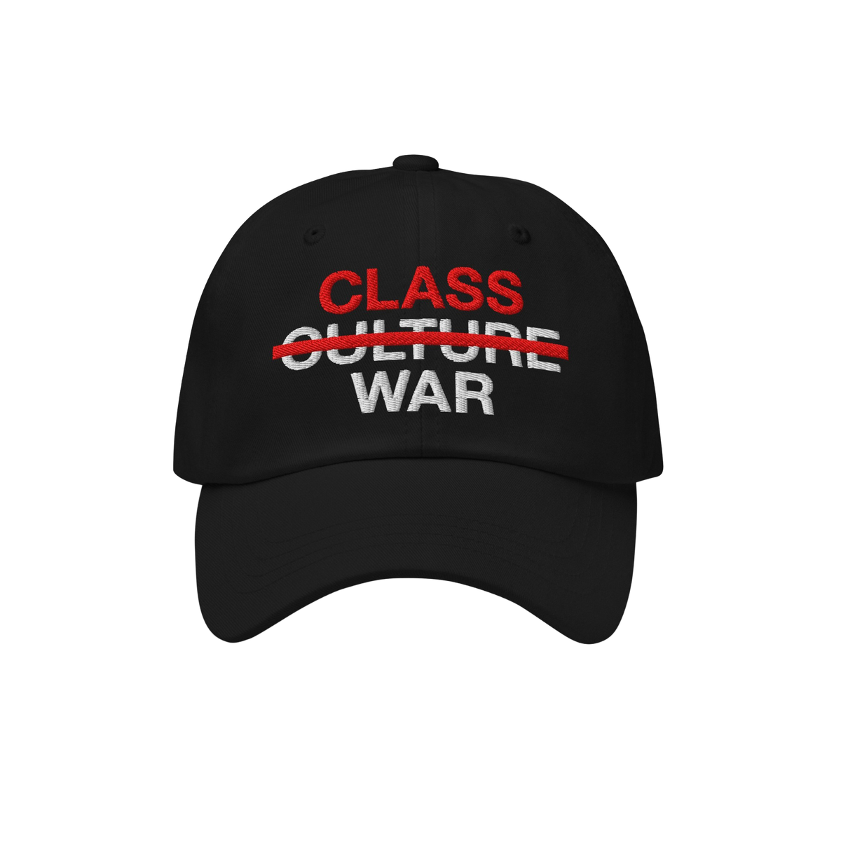 Class War Hat featuring bold embroidery: CLASS in red, CULTURE crossed out, and WAR in white, symbolizing a focus on economic