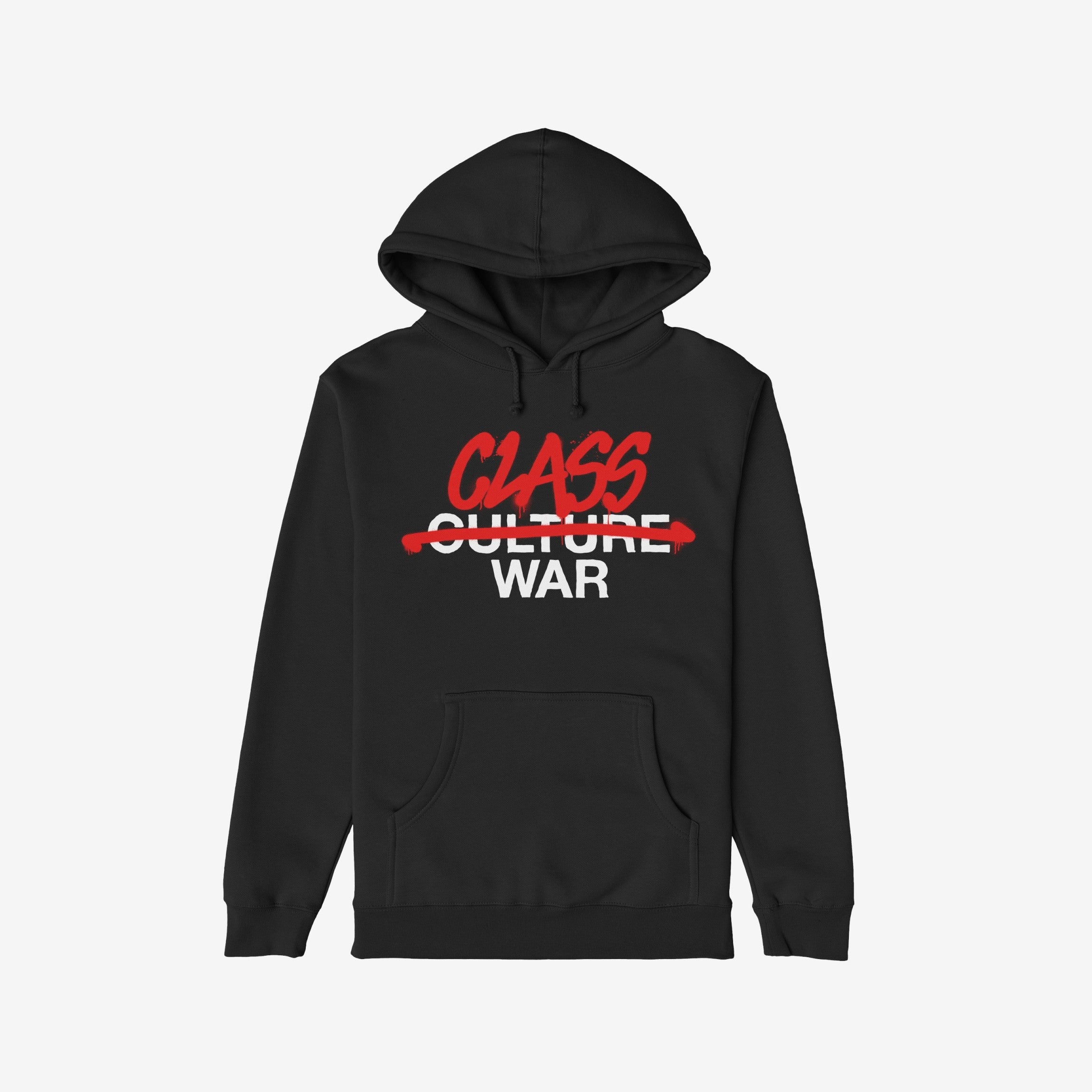 Black hoodie with kangaroo pocket and drawstring hood featuring CLASS WAR in bold graffiti style. The CULTURE text is crossed out, emphasizing the product's message of defiance and activism.