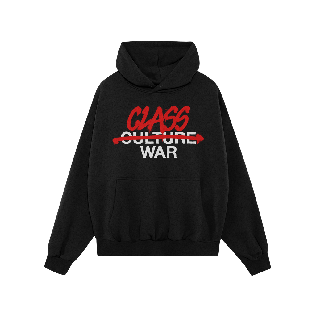 Black hoodie with kangaroo pocket and drawstring hood featuring CLASS WAR in bold graffiti style. The CULTURE text is crossed