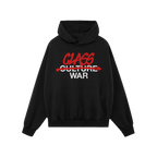 Black hoodie with kangaroo pocket and drawstring hood featuring CLASS WAR in bold graffiti style. The CULTURE text is crossed