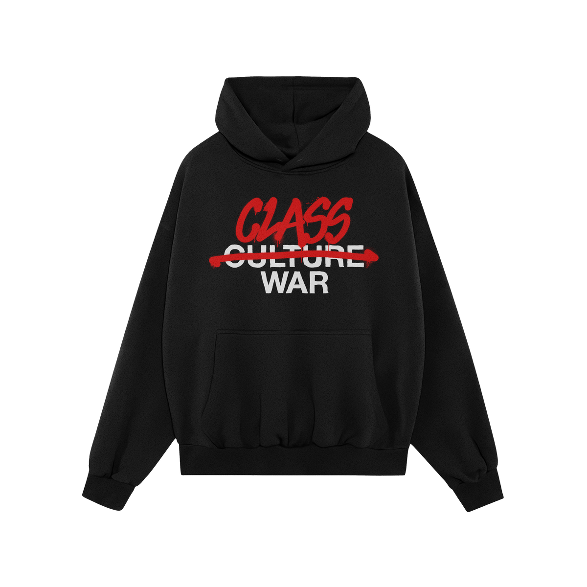 Black hoodie with kangaroo pocket and drawstring hood featuring CLASS WAR in bold graffiti style. The CULTURE text is crossed