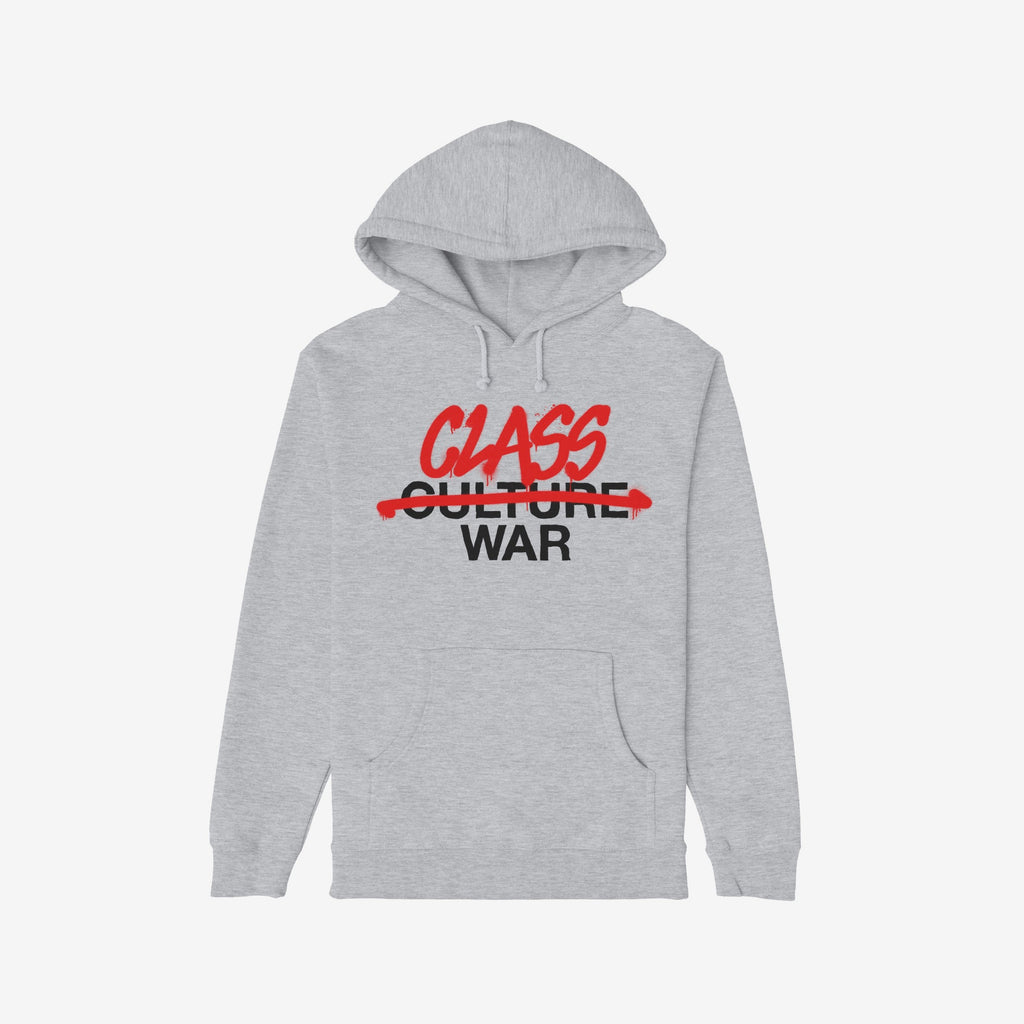 Light-gray Class War Hoodie featuring bold graffiti-style text: “CLASS WAR” over crossed-out “CULTURE.” Perfect for activists, it embodies resistance and stands against societal inequities.
