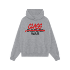 Light-gray Class War Hoodie featuring bold graffiti-style text: “CLASS WAR” over crossed-out “CULTURE.” Perfect for a
