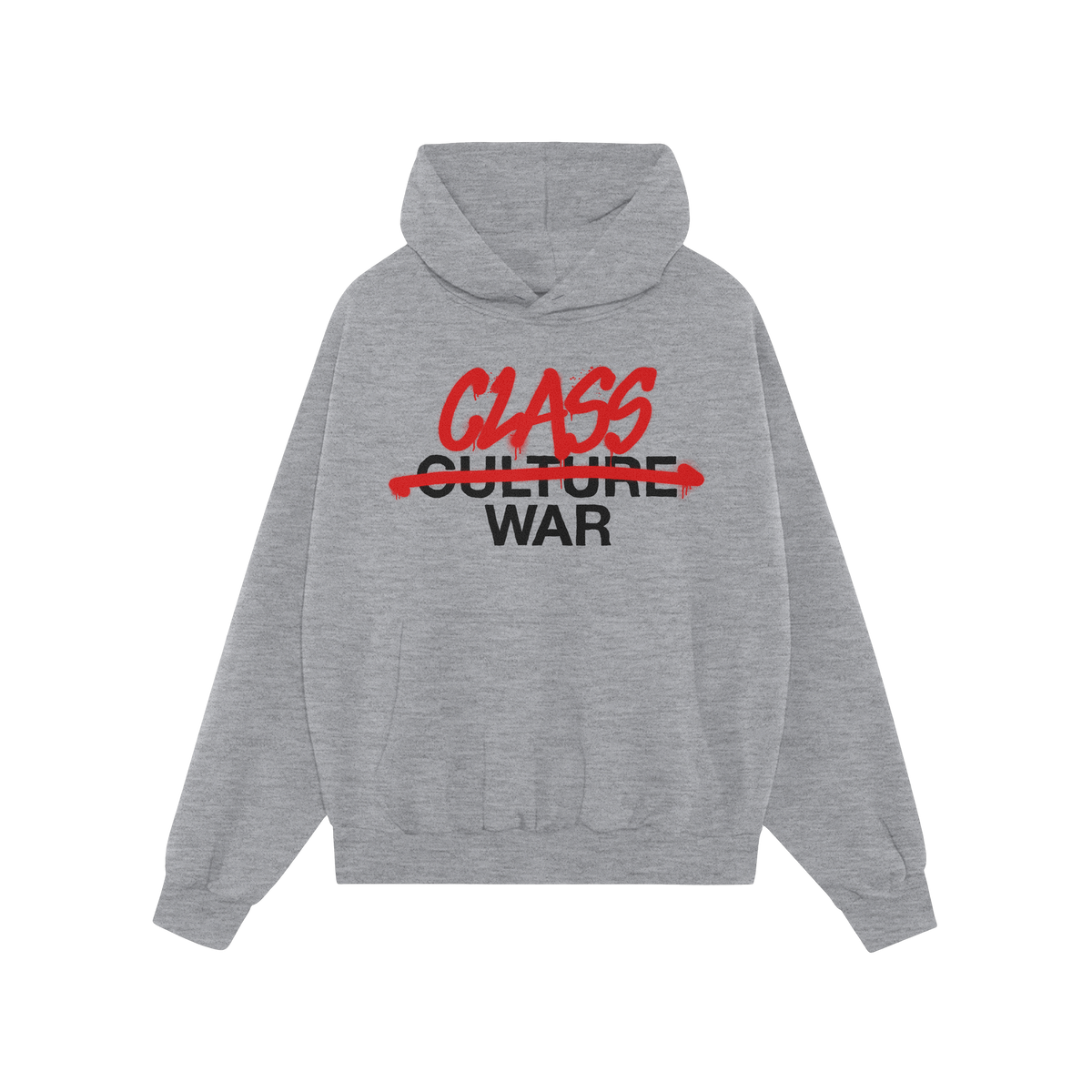 Light-gray Class War Hoodie featuring bold graffiti-style text: “CLASS WAR” over crossed-out “CULTURE.” Perfect for a