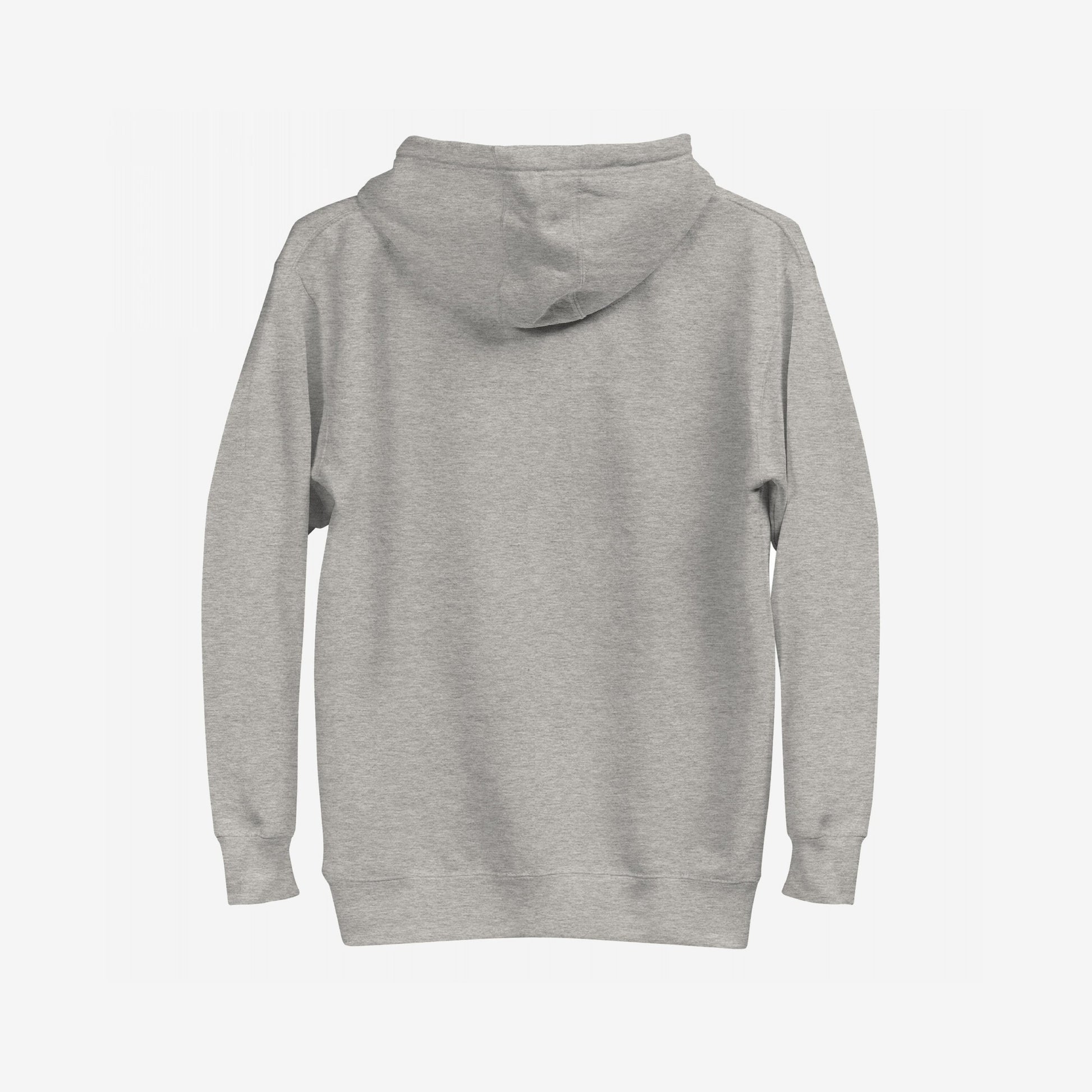 Back view of the Class War Hoodie; a plain light-gray pullover with ribbed cuffs and a simple hood, embodying a bold statement for activists challenging societal narratives.
