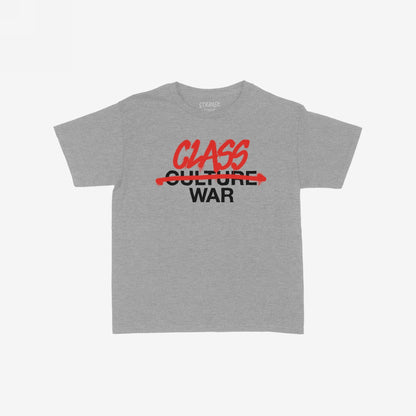 Class War T-shirt featuring bold, graffiti-style text with “culture” struck through and replaced by “class” in red, embodying a statement against false narratives and supporting equality.