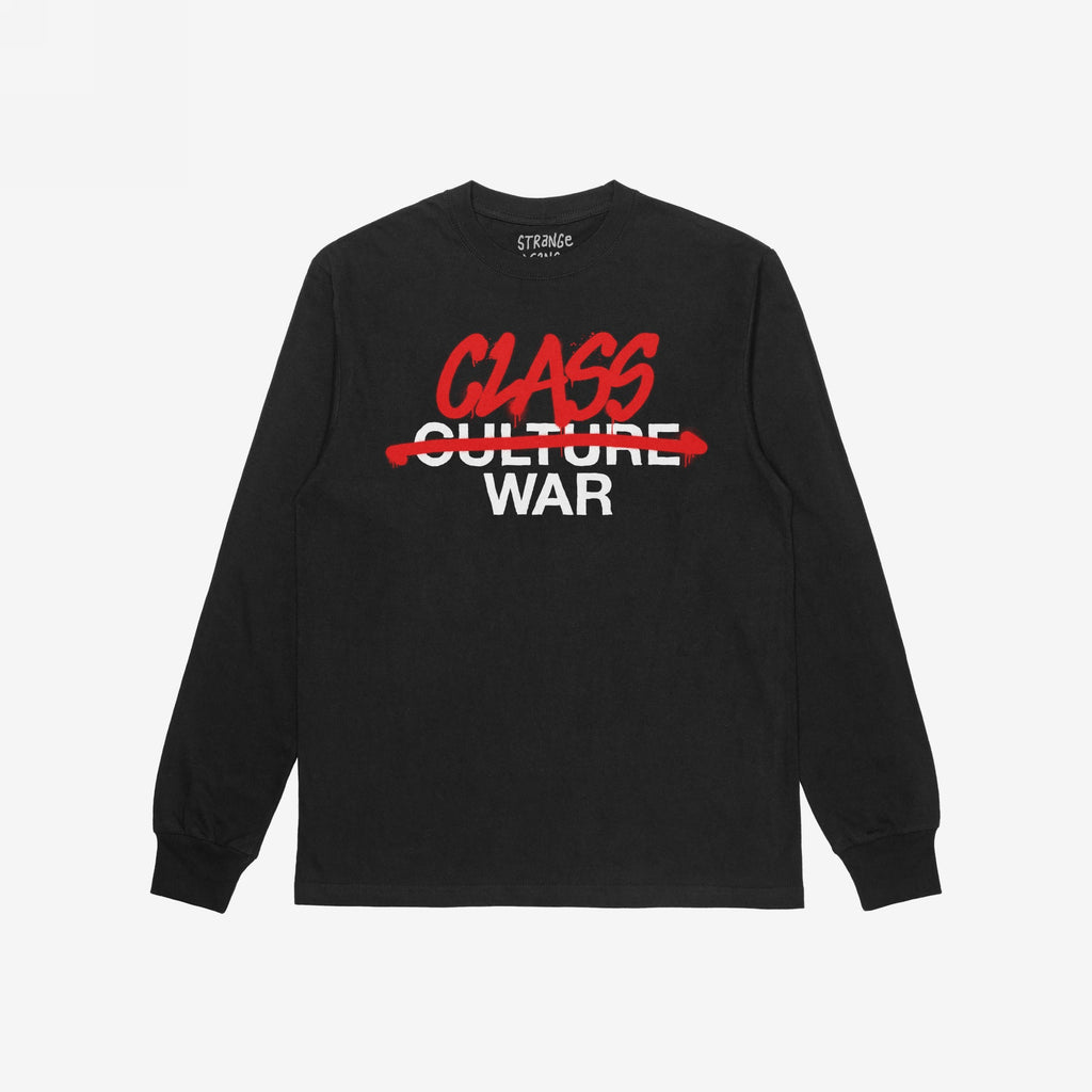 Class War Shirt featuring bold, red graffiti-style text crossing out Culture War and replacing it with Class War, capturing a rebellious, activist spirit. Perfect for expressing dissent and demanding change.