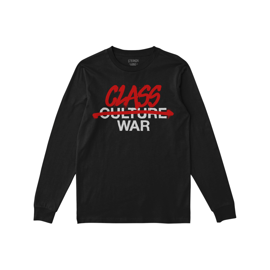 Class War Shirt featuring bold, red graffiti-style text crossing out Culture War and replacing it with Class War, capturing a