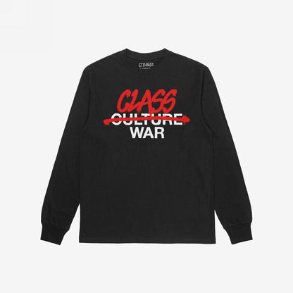 Class War T-shirt featuring bold graffiti-style graphics: CLASS in red above CULTURE crossed out in red, with WAR below. This design challenges narratives and supports equality and resistance.