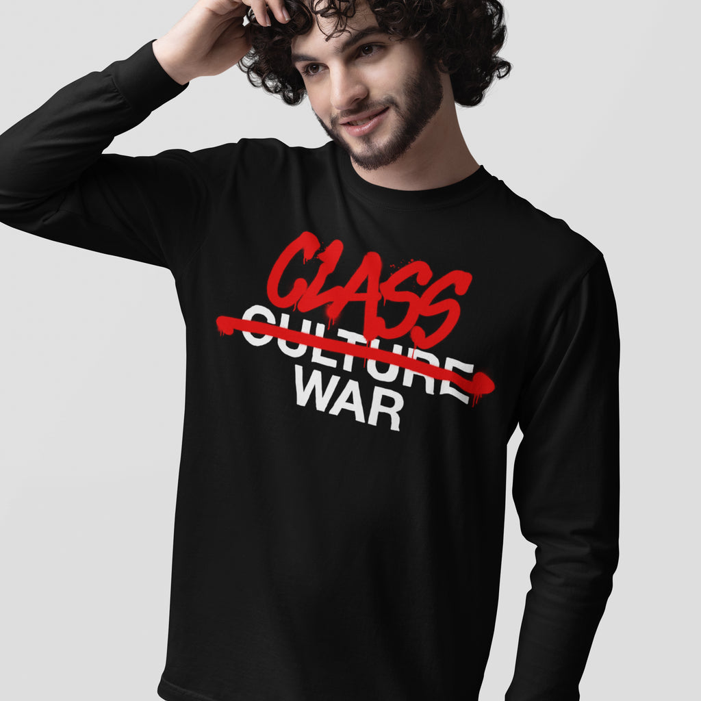 Young man models the Class War Shirt, featuring bold graffiti-style text challenging societal norms. Ideal for those who advocate equality and resist oppression, reflecting a rebellious, activist spirit.