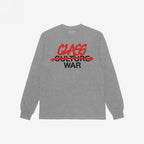 Class War Shirt: A heather-gray long-sleeve with CULTURE WAR crossed out in red, replaced by CLASS WAR in bold red graffiti, embodying defiance and activism.