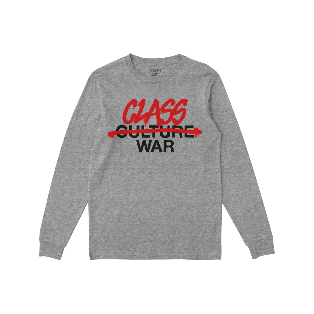 Class War Shirt: A heather-gray long-sleeve with CULTURE WAR crossed out in red, replaced by CLASS WAR in bold red graffiti, 