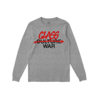Class War Shirt: A heather-gray long-sleeve with CULTURE WAR crossed out in red, replaced by CLASS WAR in bold red graffiti, 
