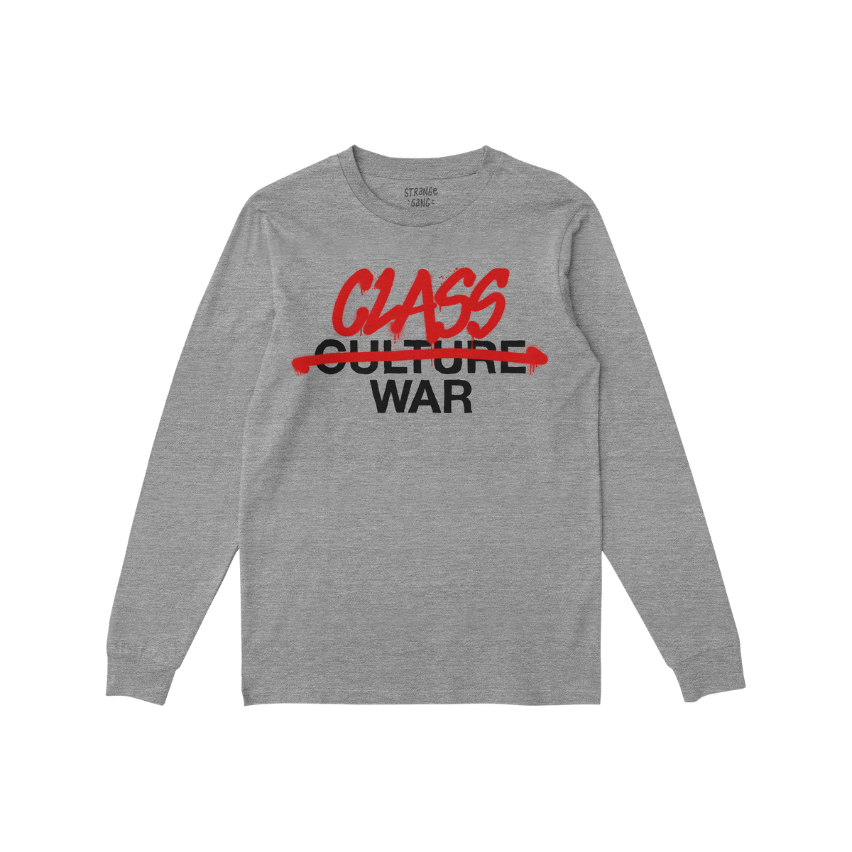 Class War Shirt: A heather-gray long-sleeve with CULTURE WAR crossed out in red, replaced by CLASS WAR in bold red graffiti, 
