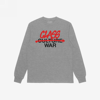Class War T-shirt featuring bold graffiti style, CULTURE struck out in red, with CLASS above. A statement piece challenging societal narratives with its striking graphic, embodying defiance and awareness.