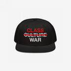 Black flat-brim snapback cap with Class War slogan. The word Culture is crossed out in red, emphasizing economic justice and solidarity. Ideal for those challenging oppressive systems.