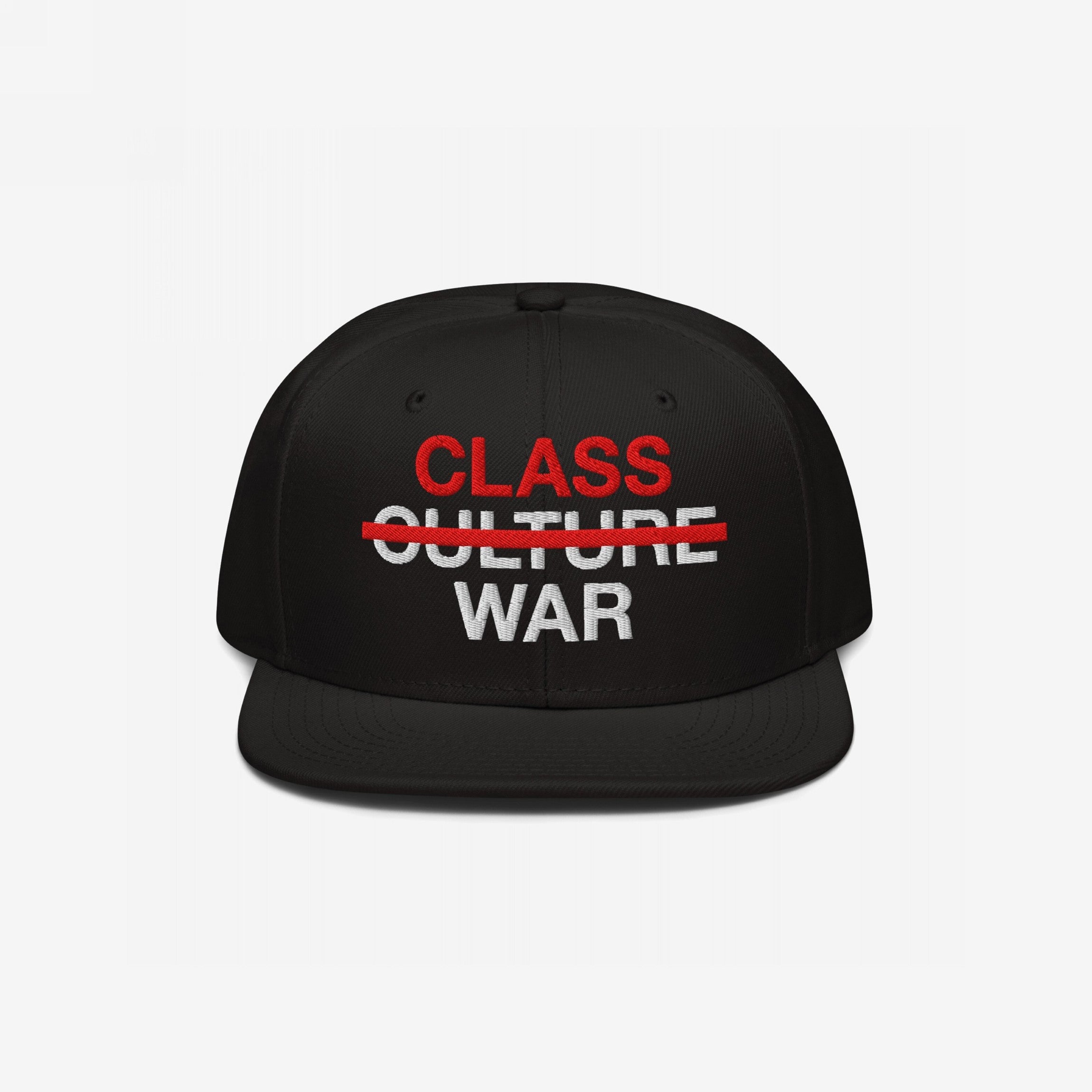 Black flat-brim snapback cap with Class War slogan. The word Culture is crossed out in red, emphasizing economic justice and solidarity. Ideal for those challenging oppressive systems.