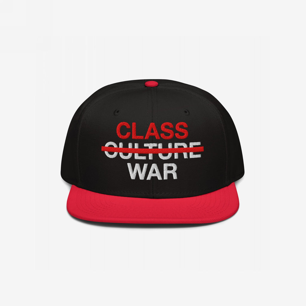 Class War Hat featuring bold embroidery: “CLASS” in red, “CULTURE” crossed out, and “WAR” in white. A statement piece advocating for economic justice and unity, challenging systemic oppression.