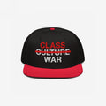 Class War Hat featuring bold embroidery: “CLASS” in red, “CULTURE” crossed out, and “WAR” in white. A statement piece advocating for economic justice and unity, challenging systemic oppression.