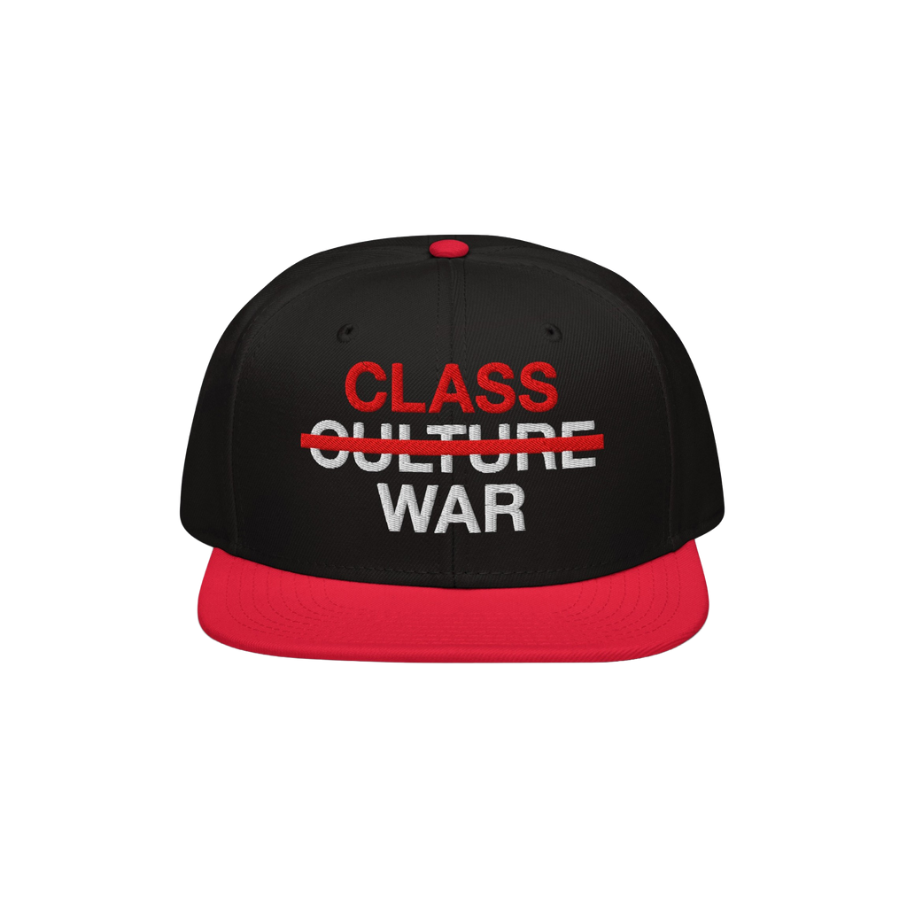 Class War Hat featuring bold embroidery: “CLASS” in red, “CULTURE” crossed out, and “WAR” in white. A statement p