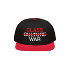 Class War Hat featuring bold embroidery: “CLASS” in red, “CULTURE” crossed out, and “WAR” in white. A statement p