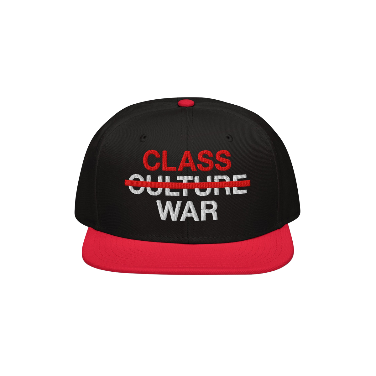 Class War Hat featuring bold embroidery: “CLASS” in red, “CULTURE” crossed out, and “WAR” in white. A statement p