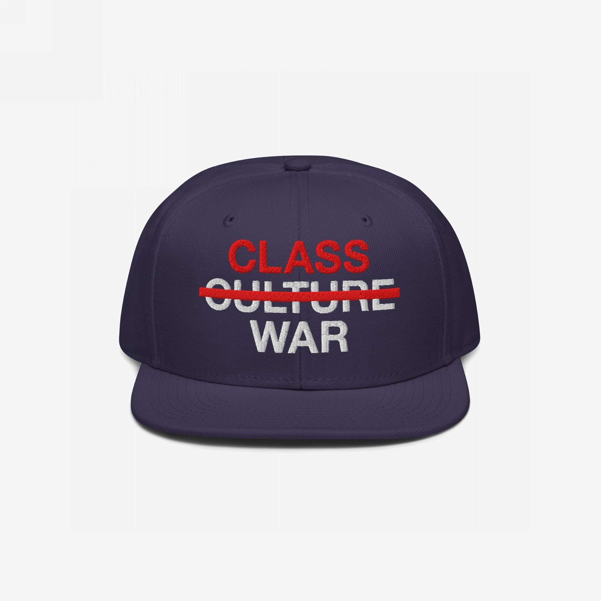 Class War Hat featuring bold CLASS and WAR text, with CULTURE struck through, symbolizes economic justice and unity. A statement piece challenging societal distractions.