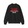 Black crew-neck sweatshirt featuring the bold Class War design. The words CULTURE WAR are crossed out, symbolizing defiance. 