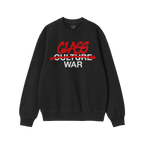 Black crew-neck sweatshirt featuring the bold Class War design. The words CULTURE WAR are crossed out, symbolizing defiance. 