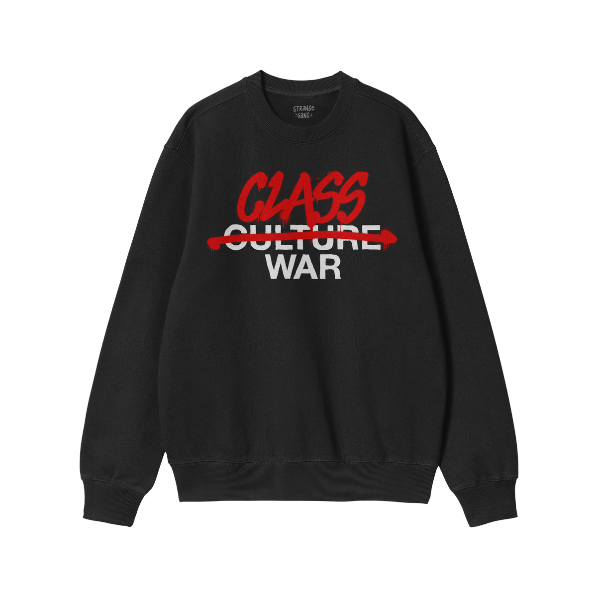 Black crew-neck sweatshirt featuring the bold Class War design. The words CULTURE WAR are crossed out, symbolizing defiance. 