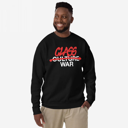 Man modeling the Class War Hoodie & Sweatshirt, featuring bold Class War slogan in graffiti style, striking through Culture War, embodying a message of socio-political awareness and activism.