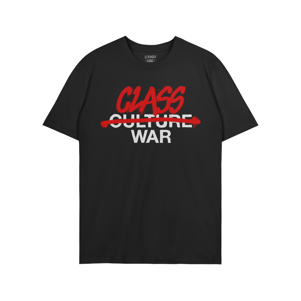 The Class War Shirt features bold white text altered with red graffiti, symbolizing activism. The neckline shows a small logo