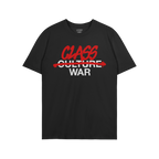 The Class War Shirt features bold white text altered with red graffiti, symbolizing activism. The neckline shows a small logo