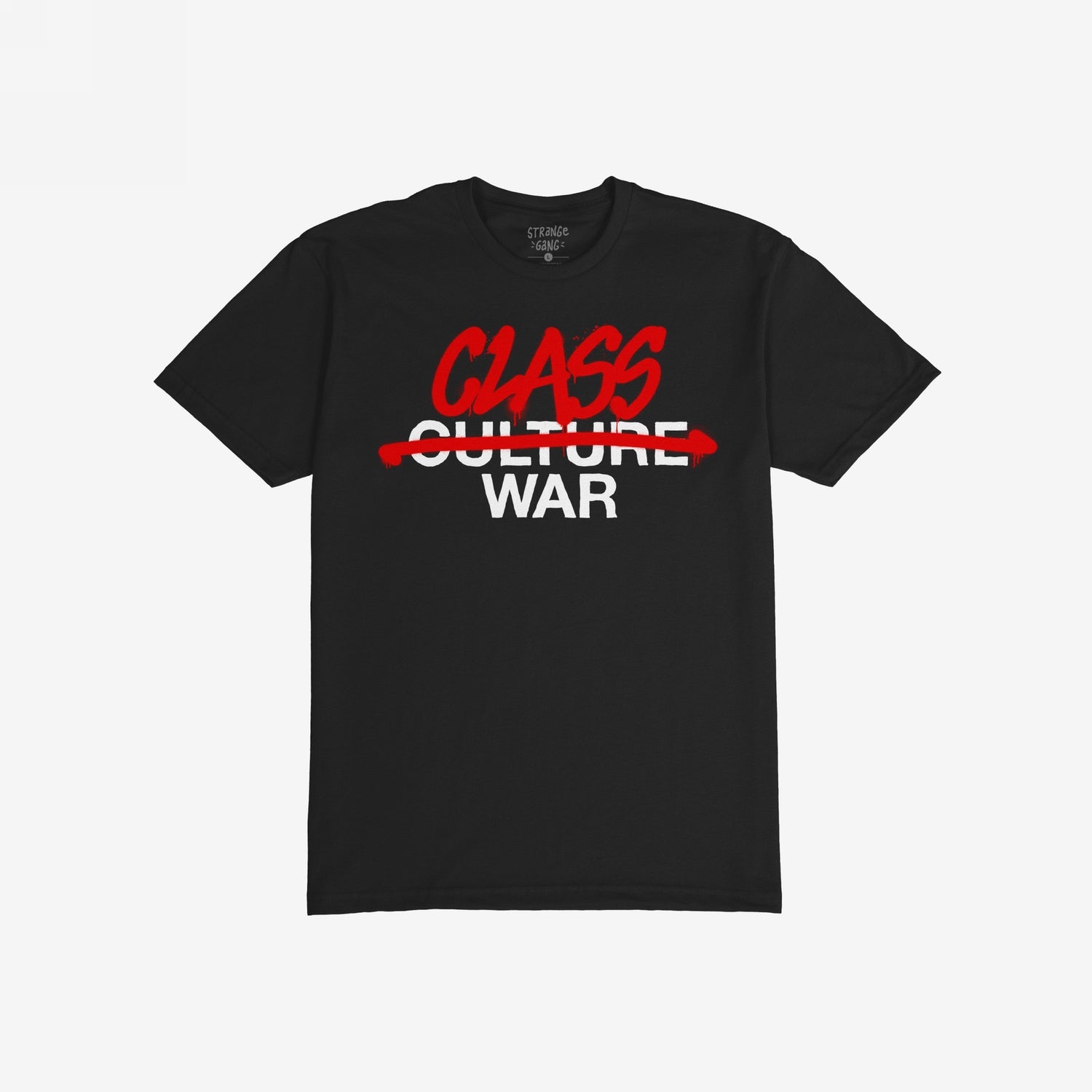 Class War T-shirt featuring a bold red brushstroke crossing out “Culture” to emphasize “Class War” in graffiti-style text, reflecting a defiant message against superficial narratives.