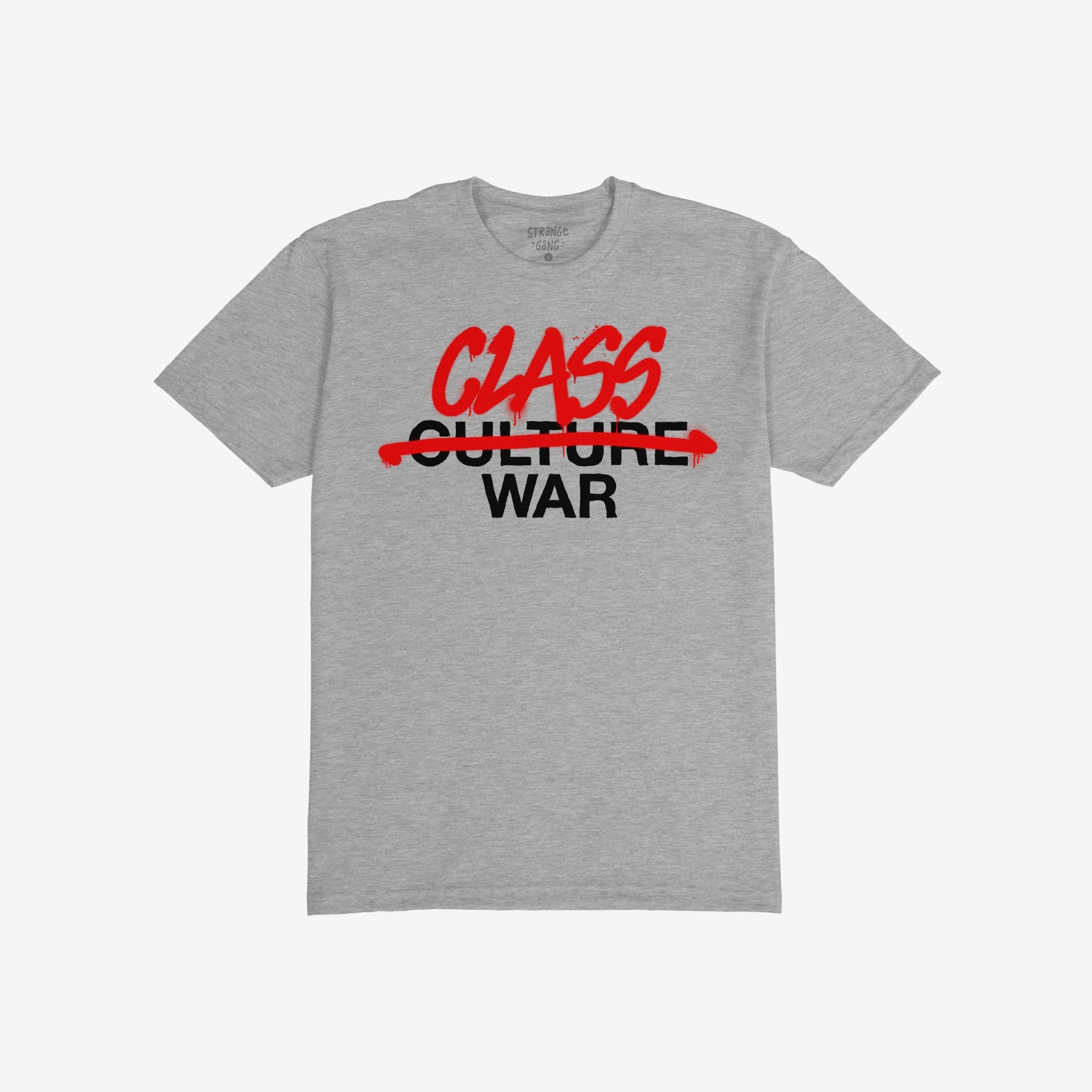 Heather-gray Class War Shirt features bold black CULTURE WAR text, red graffiti replacing CULTURE with CLASS, embodying defiance. Ideal for rallies, aligning with equality and anti-fascism values.