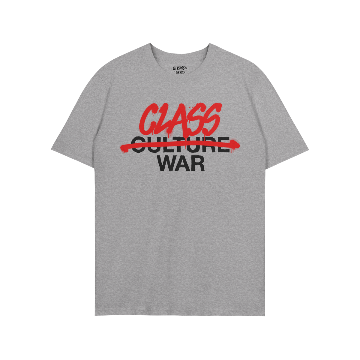 Heather-gray Class War Shirt features bold black CULTURE WAR text, red graffiti replacing CULTURE with CLASS, embodying defia