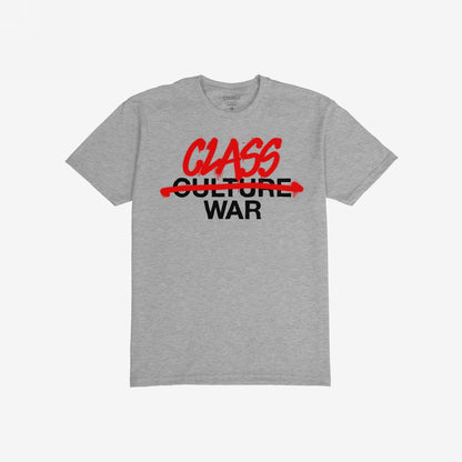 Heather-gray Class War T-shirt featuring bold stencil-style lettering. CULTURE is crossed out in red spray paint, replaced with CLASS, emphasizing a powerful graffiti-style message against manufactured narratives.